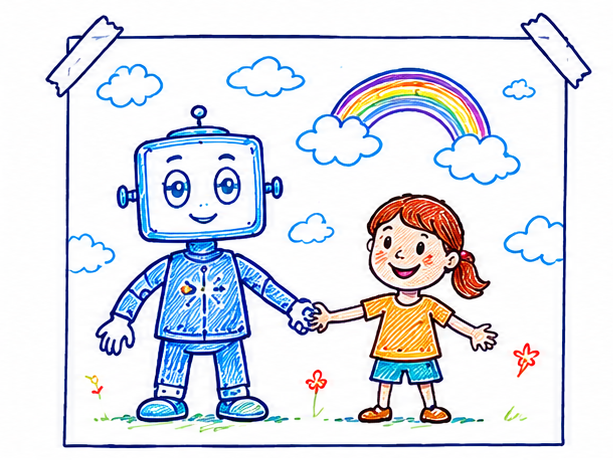 Kid's drawing: Coolbot holding hands with a friend under a rainbow