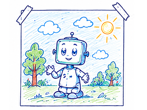 Kid's drawing: Coolbot outside on a sunny day