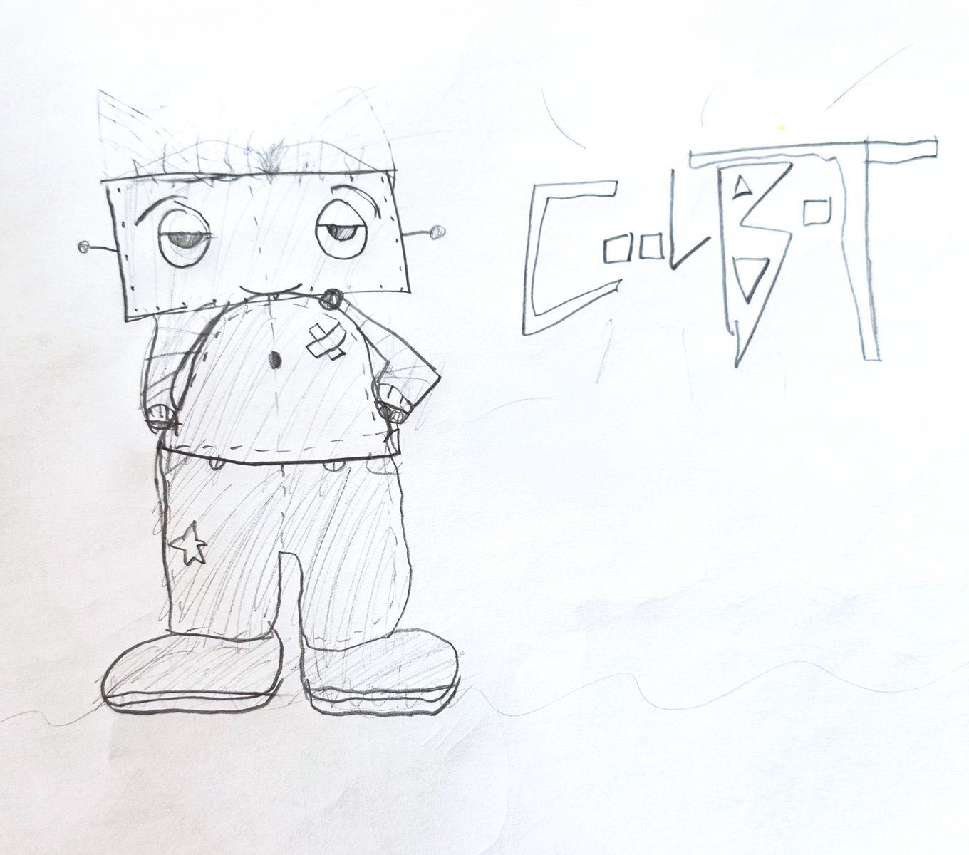 Kid's drawing, pencil on paper saying Coolbot