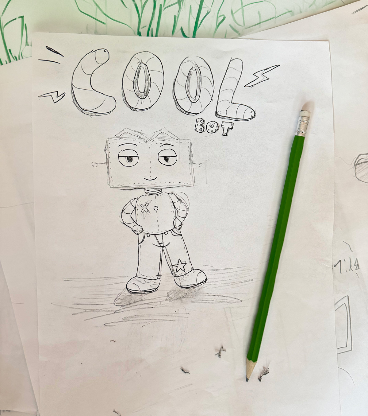 Kid's drawing, sketch on paper